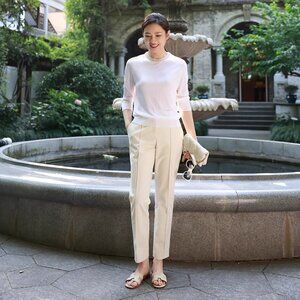 White Cropped Trousers – Size L | High-Stretch Cotton Blend